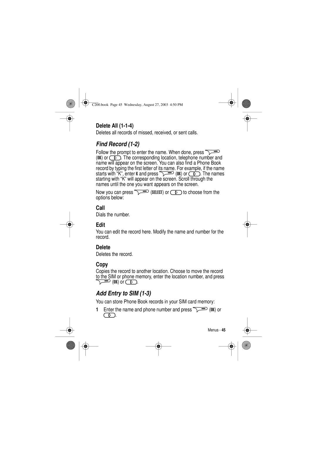 Motorola C200 manual Find Record, Add Entry to SIM 