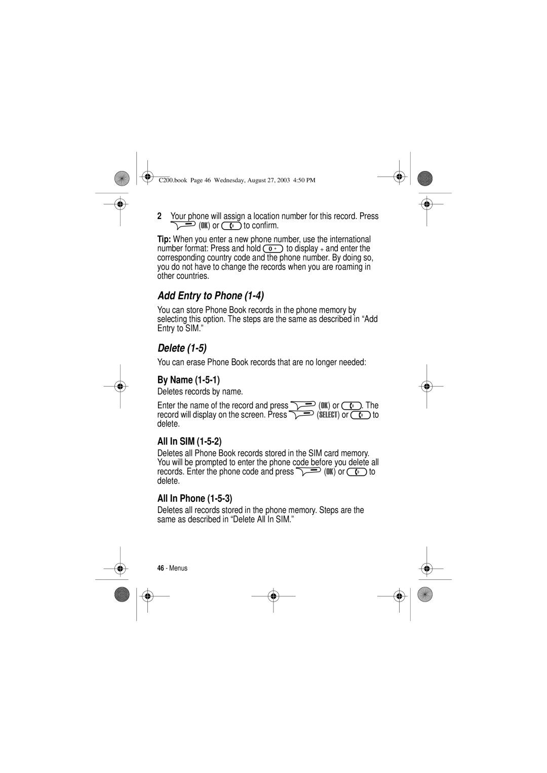 Motorola C200 manual Add Entry to Phone, Delete, By Name, All In SIM, All In Phone 