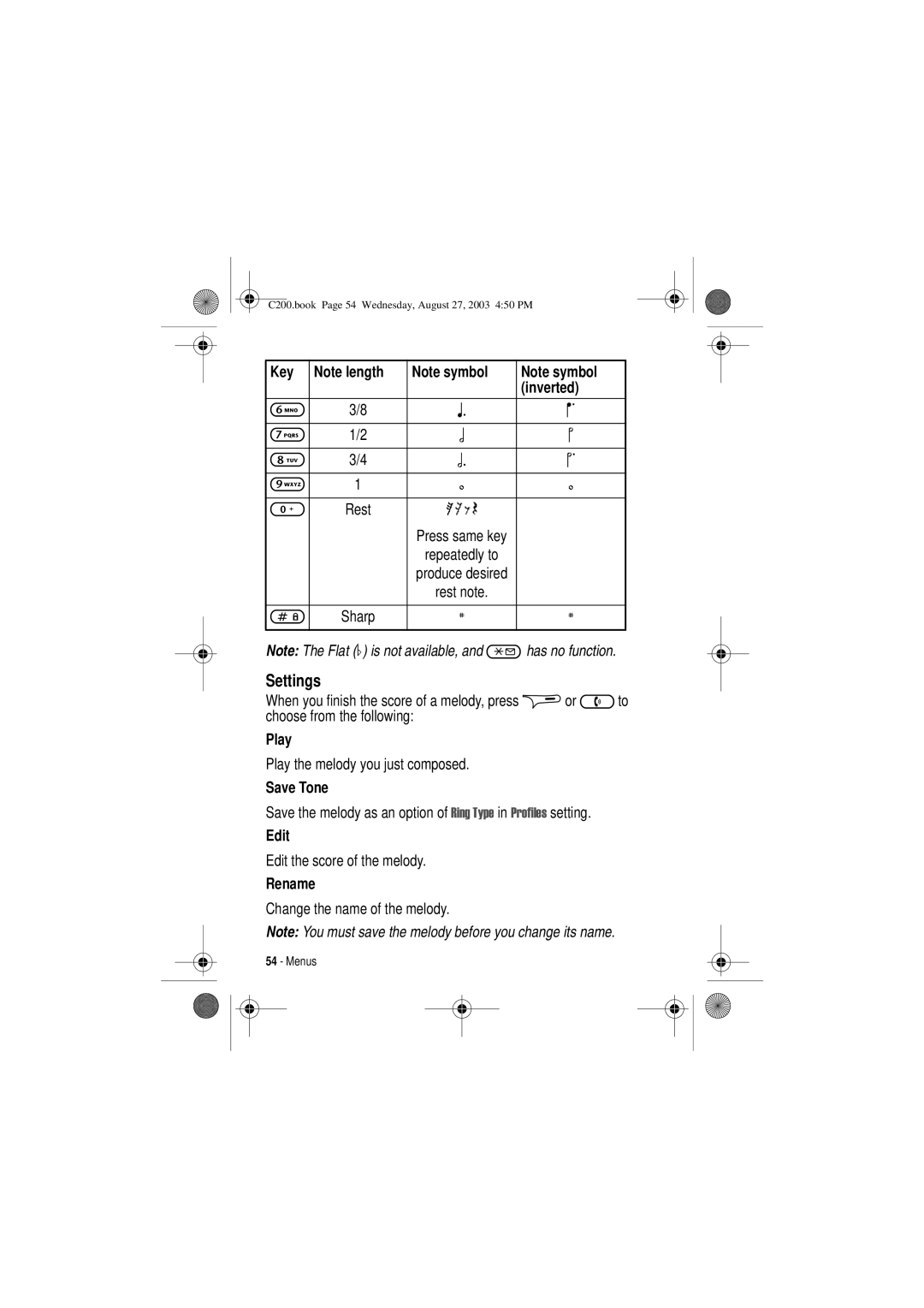 Motorola C200 manual Settings, Play, Save Tone, Edit, Rename 