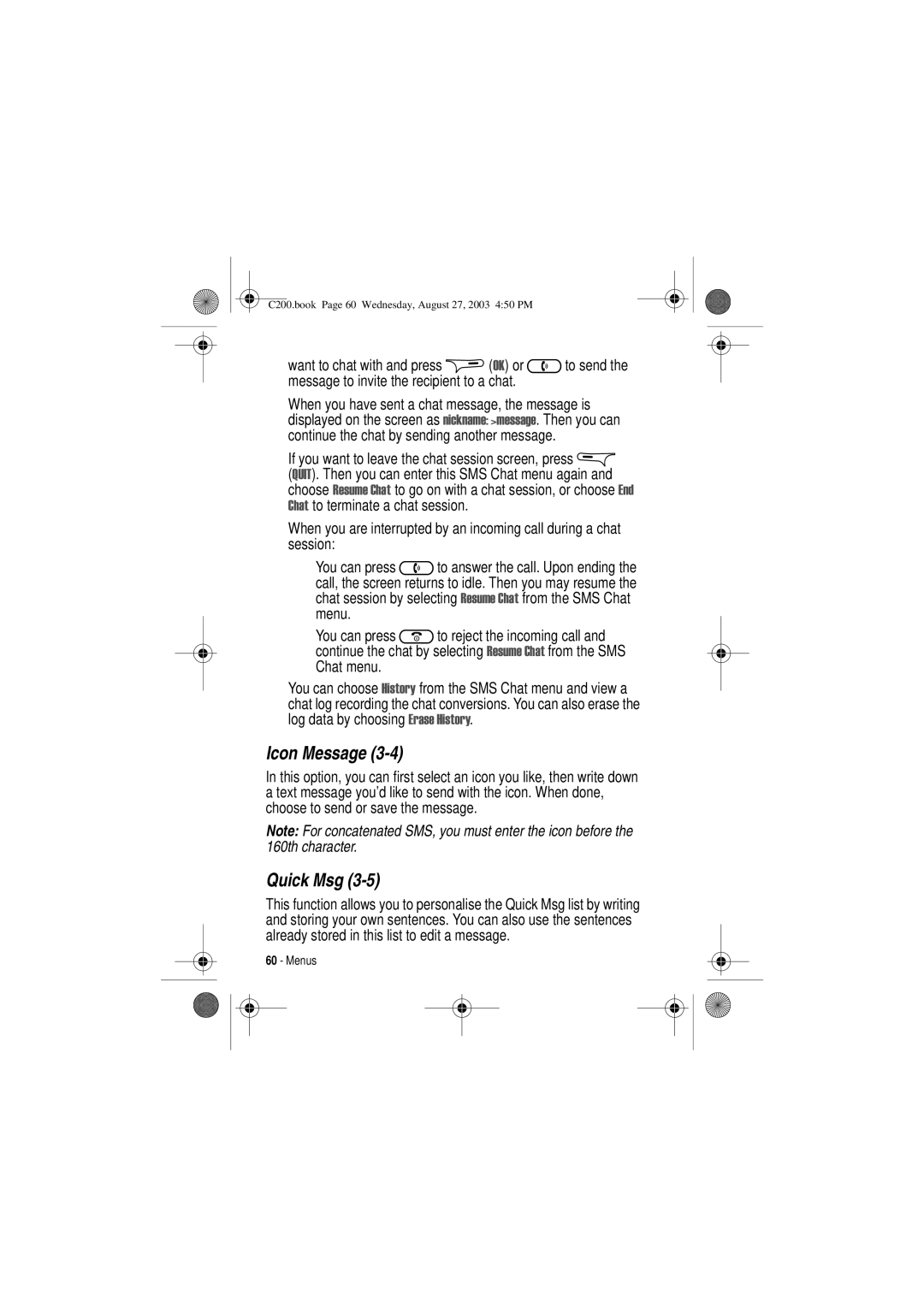 Motorola C200 manual Icon Message, Quick Msg 