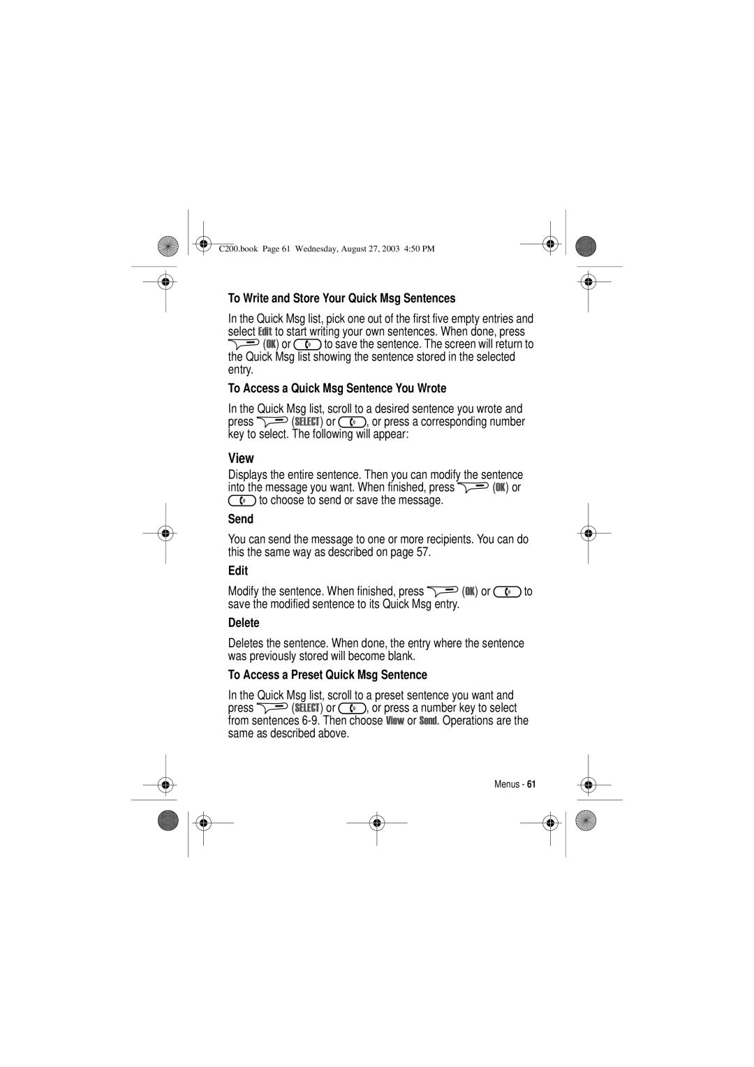 Motorola C200 manual View, To Write and Store Your Quick Msg Sentences, To Access a Quick Msg Sentence You Wrote, Send 