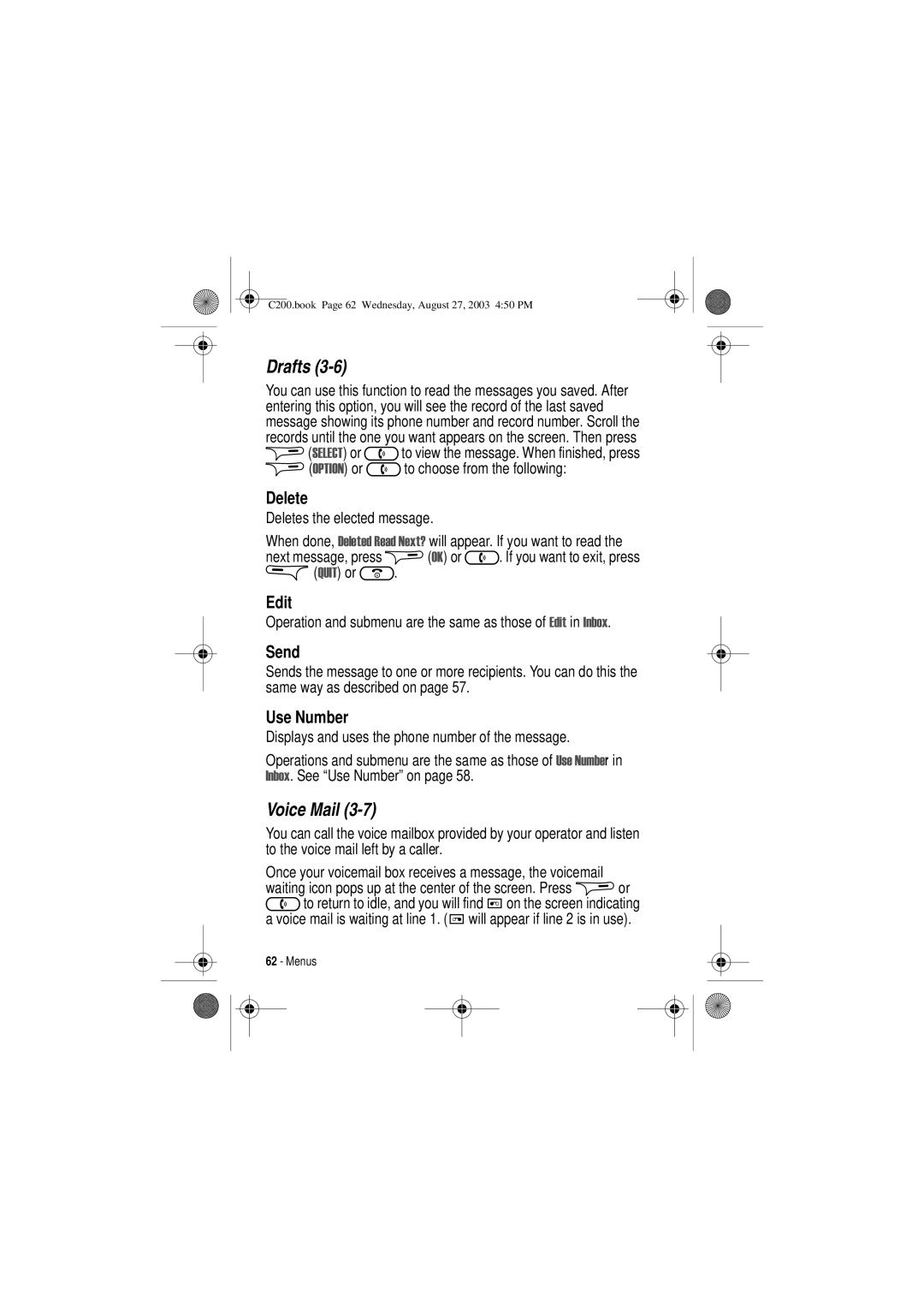 Motorola C200 manual Drafts, Voice Mail 