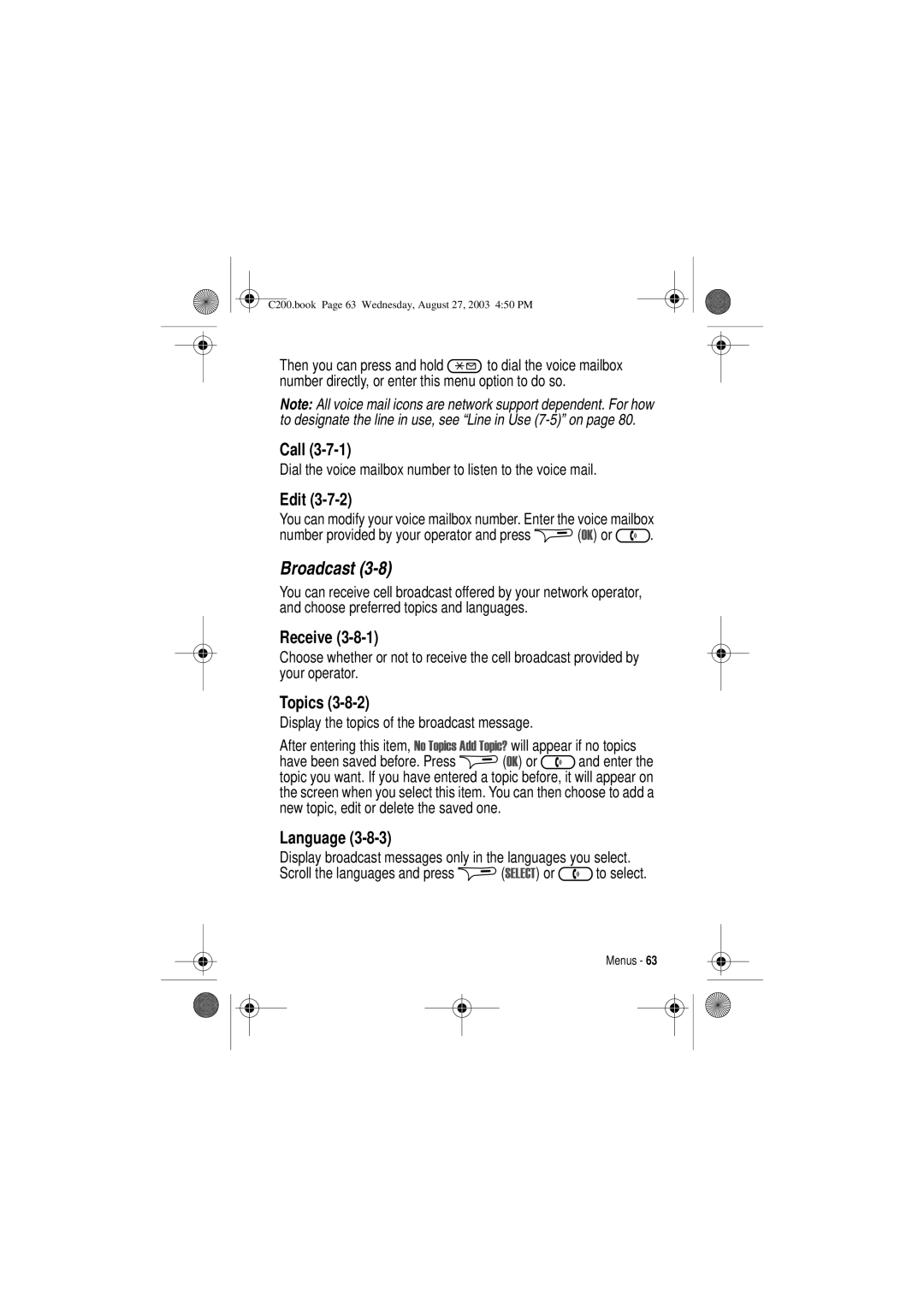 Motorola C200 manual Broadcast, Receive, Topics, Language 