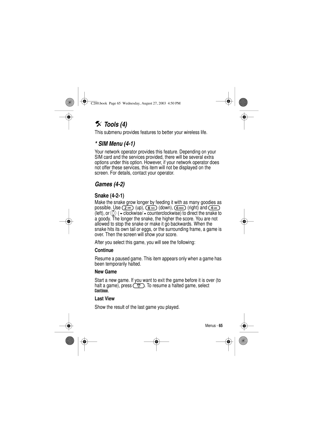 Motorola C200 manual Tools, SIM Menu, Games, Snake 