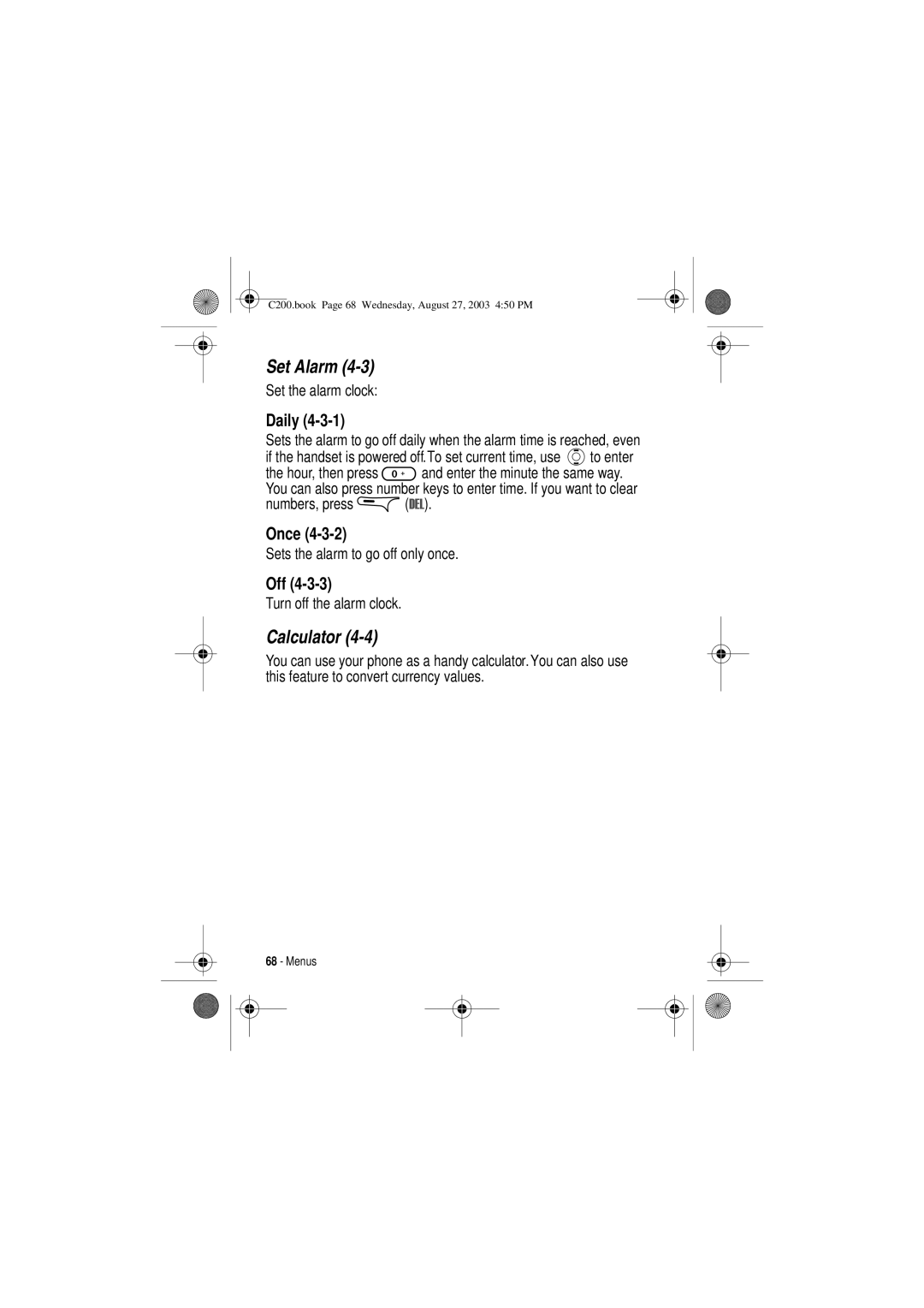 Motorola C200 manual Set Alarm, Calculator, Daily, Once 