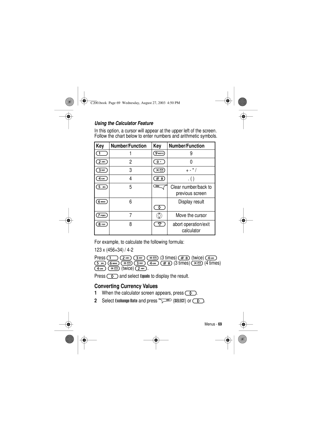 Motorola C200 manual Converting Currency Values, Key Number/Function 