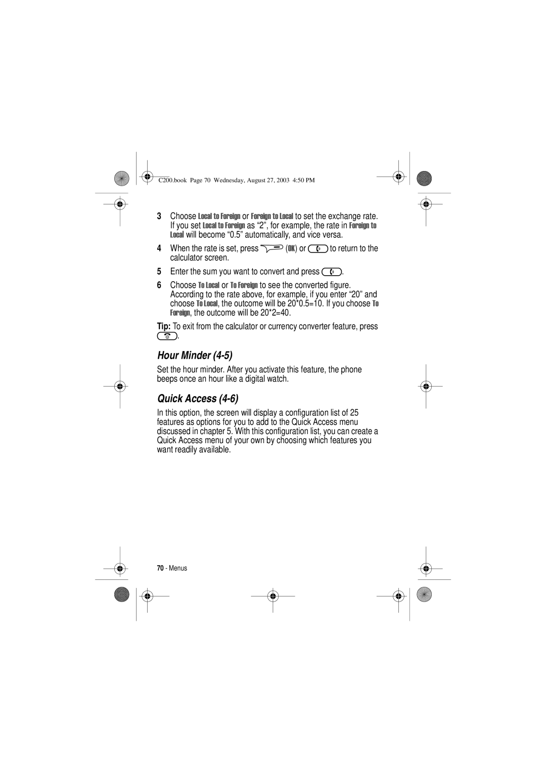 Motorola C200 manual Hour Minder, Quick Access 