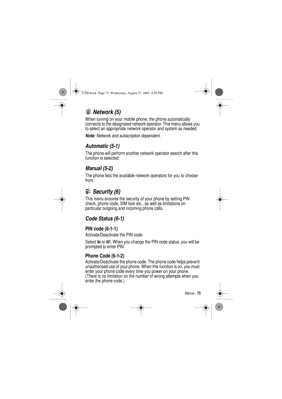 Motorola C200 manual Network, Security, Automatic, Manual, Code Status 