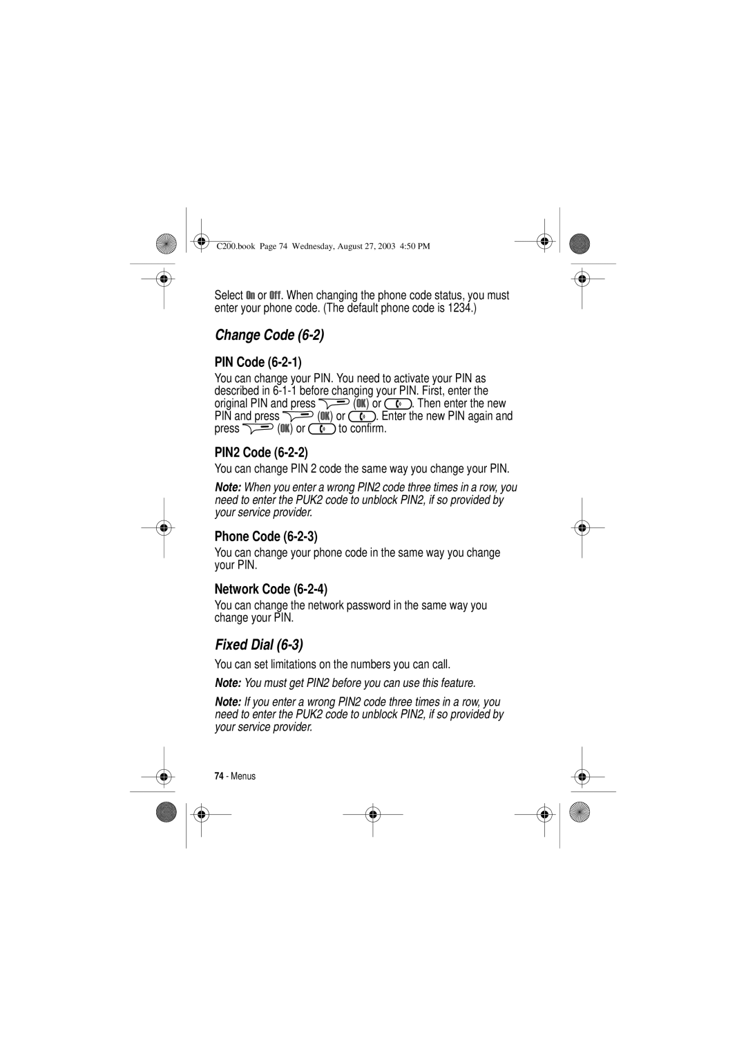 Motorola C200 manual Change Code, Fixed Dial, PIN2 Code, Network Code 