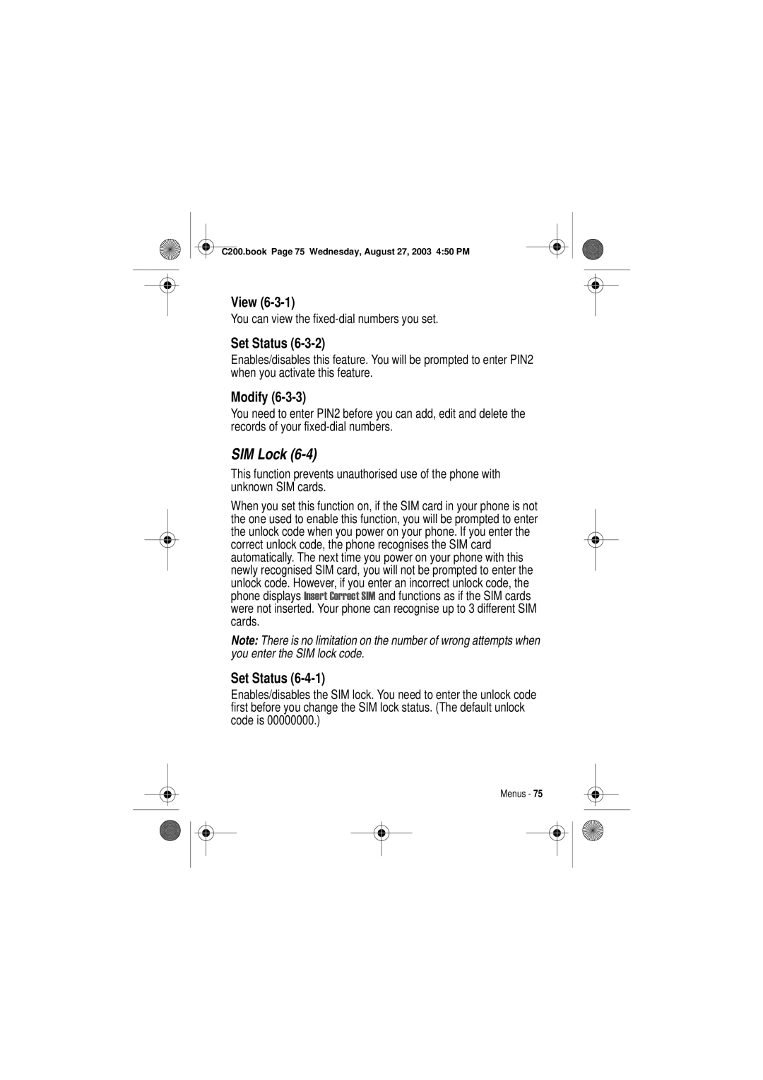 Motorola C200 manual SIM Lock, Set Status, Modify, You can view the fixed-dial numbers you set 