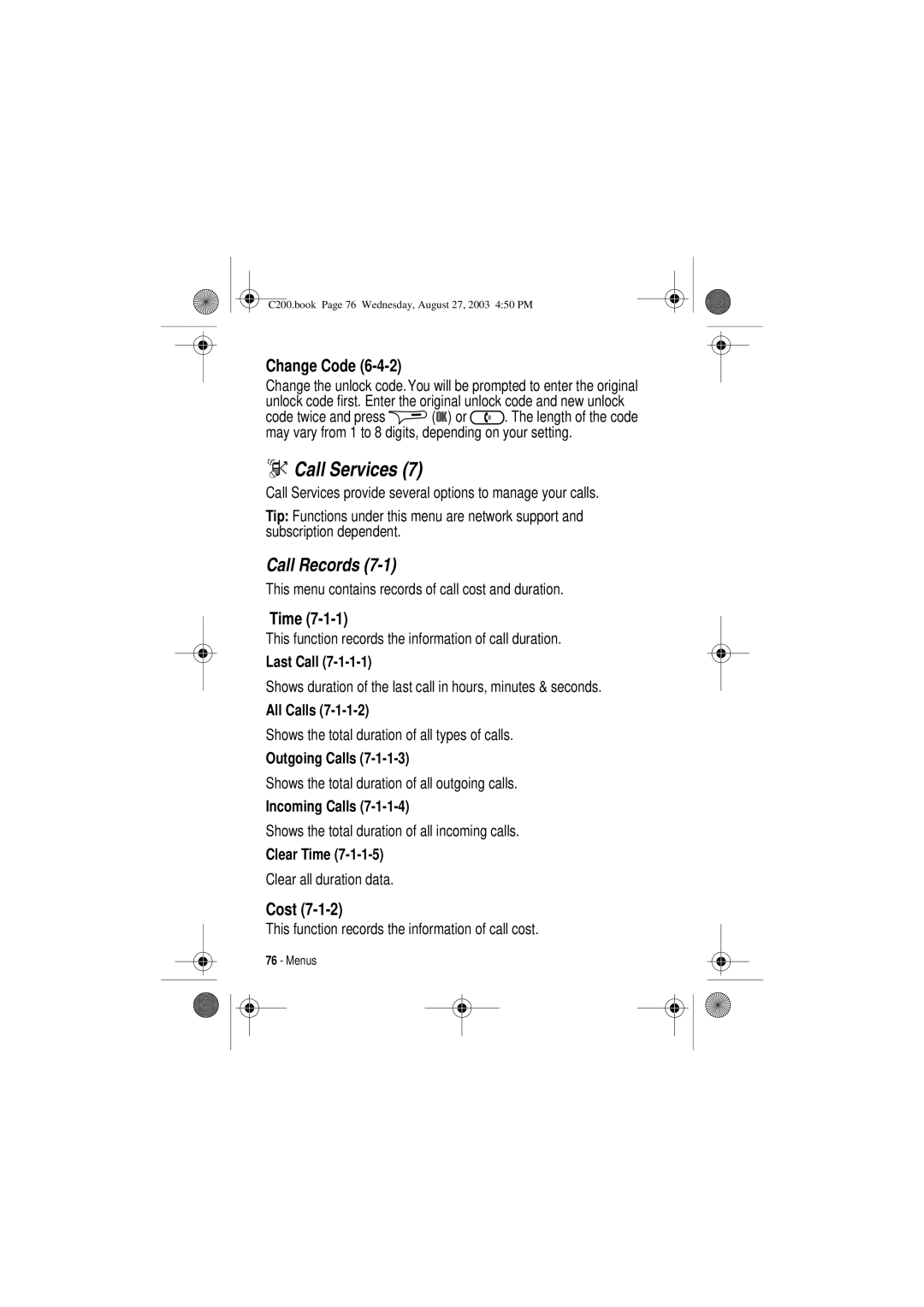 Motorola C200 manual Call Services, Call Records, Change Code, Time, Cost 