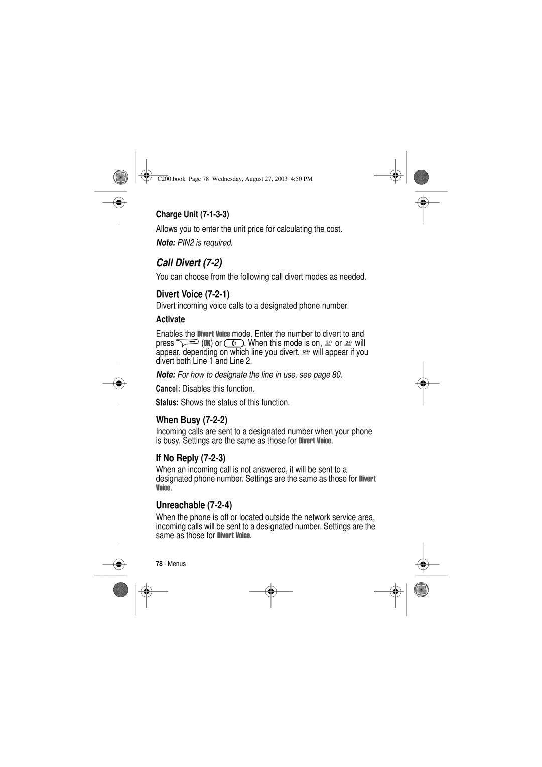 Motorola C200 manual Call Divert, Divert Voice, When Busy, If No Reply, Unreachable 