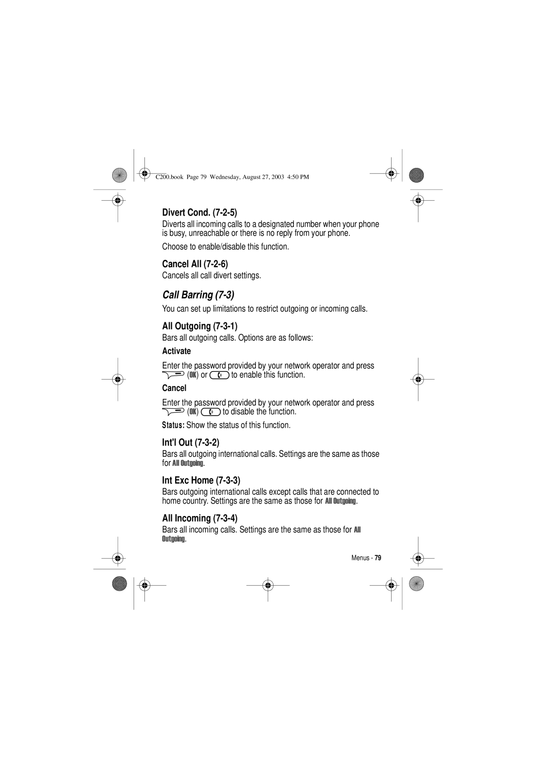 Motorola C200 manual Call Barring 