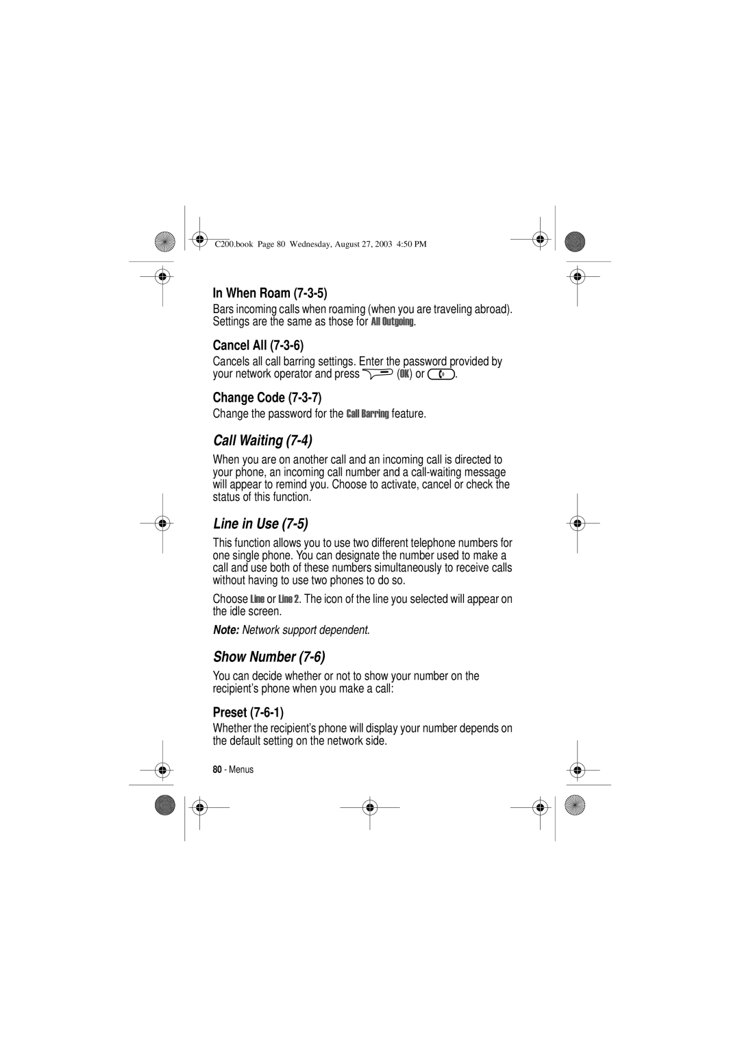 Motorola C200 manual Call Waiting, Line in Use, Show Number, When Roam, Preset 