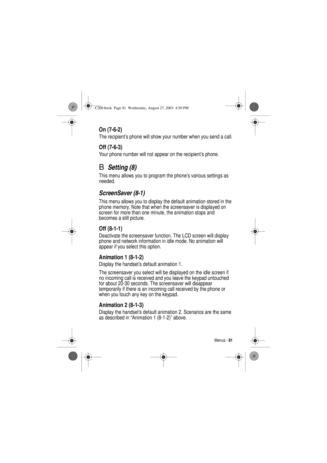 Motorola C200 manual Setting, ScreenSaver, Animation 1, Animation 2 