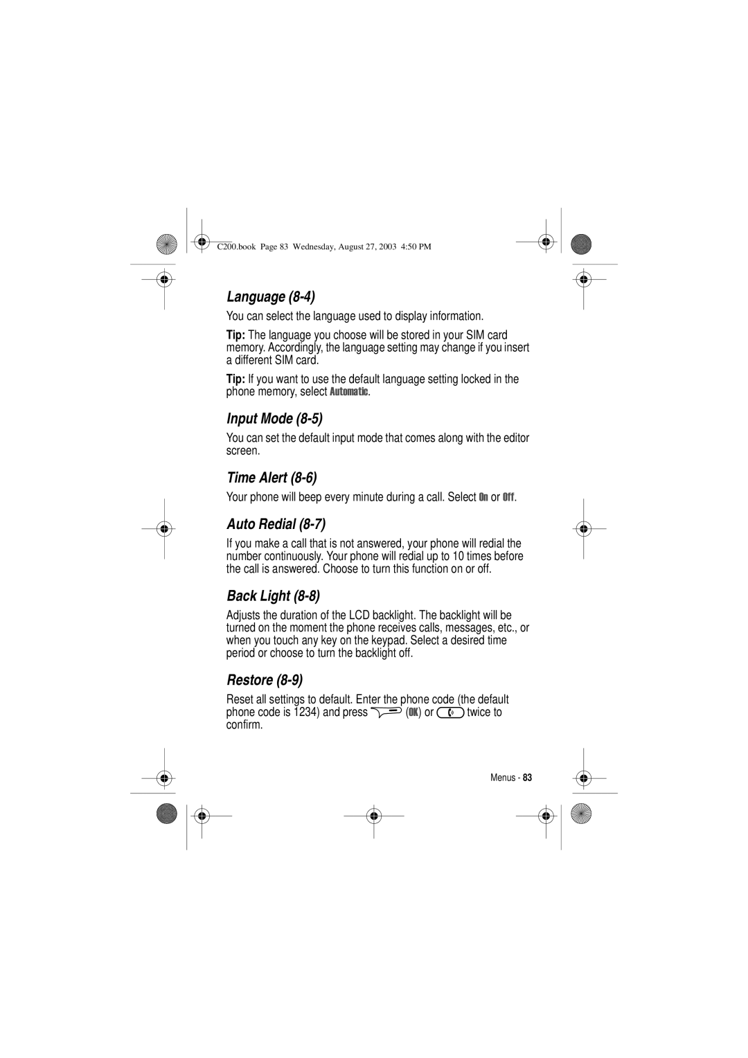 Motorola C200 manual Language, Input Mode, Time Alert, Auto Redial, Back Light, Restore 