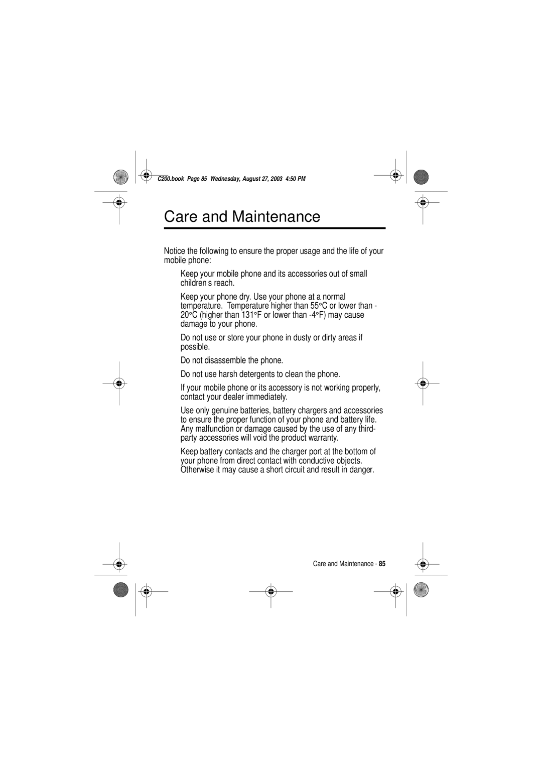 Motorola C200 manual Care and Maintenance 