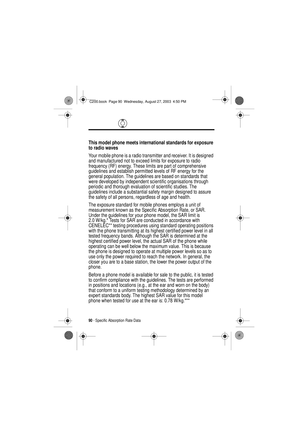 Motorola C200 manual Specific Absorption Rate Data 