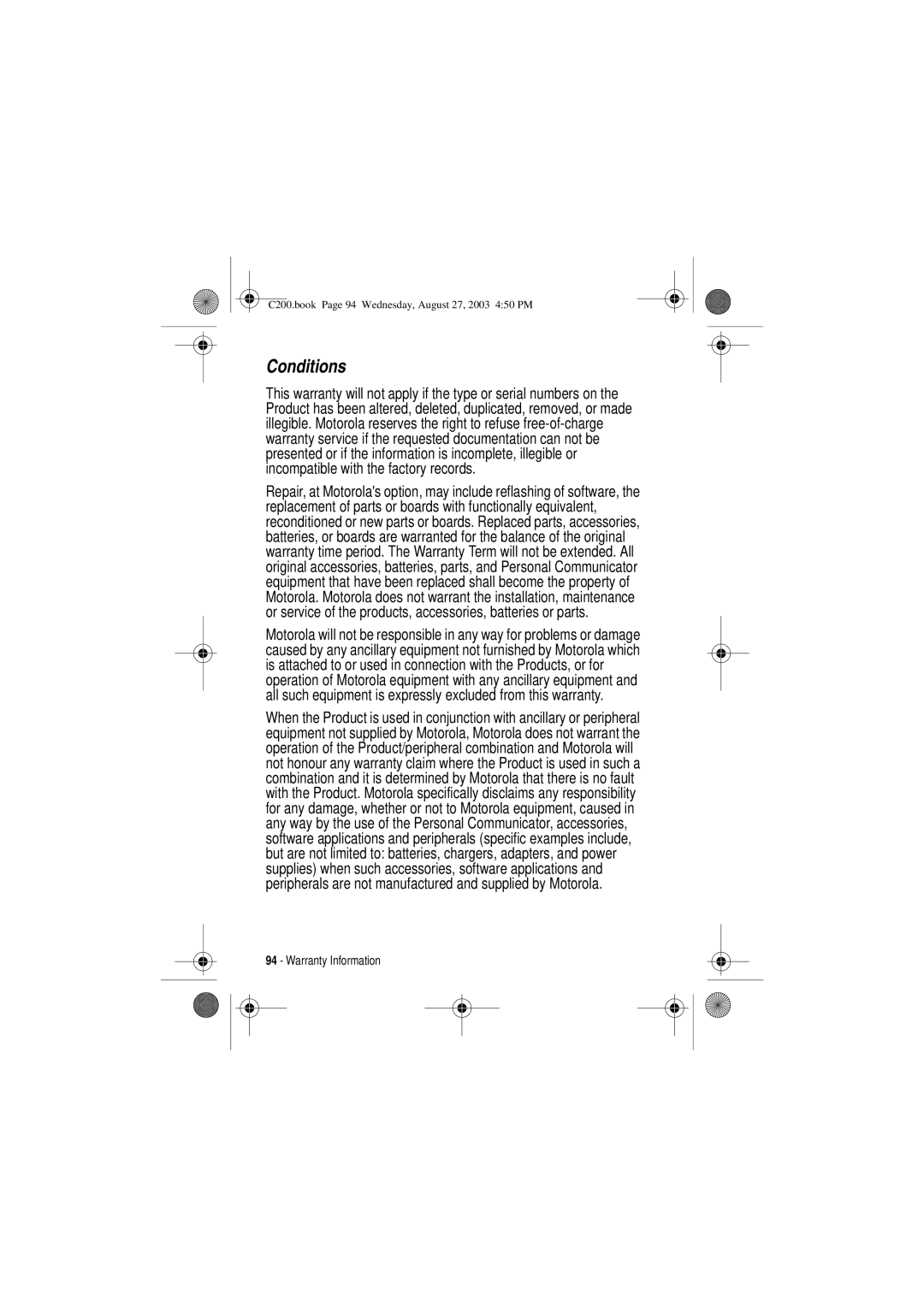 Motorola C200 manual Conditions 