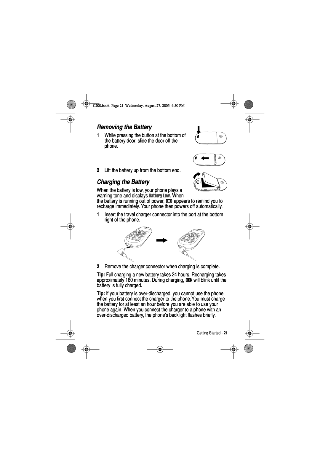 Motorola C200 manual Removing the Battery, Charging the Battery 