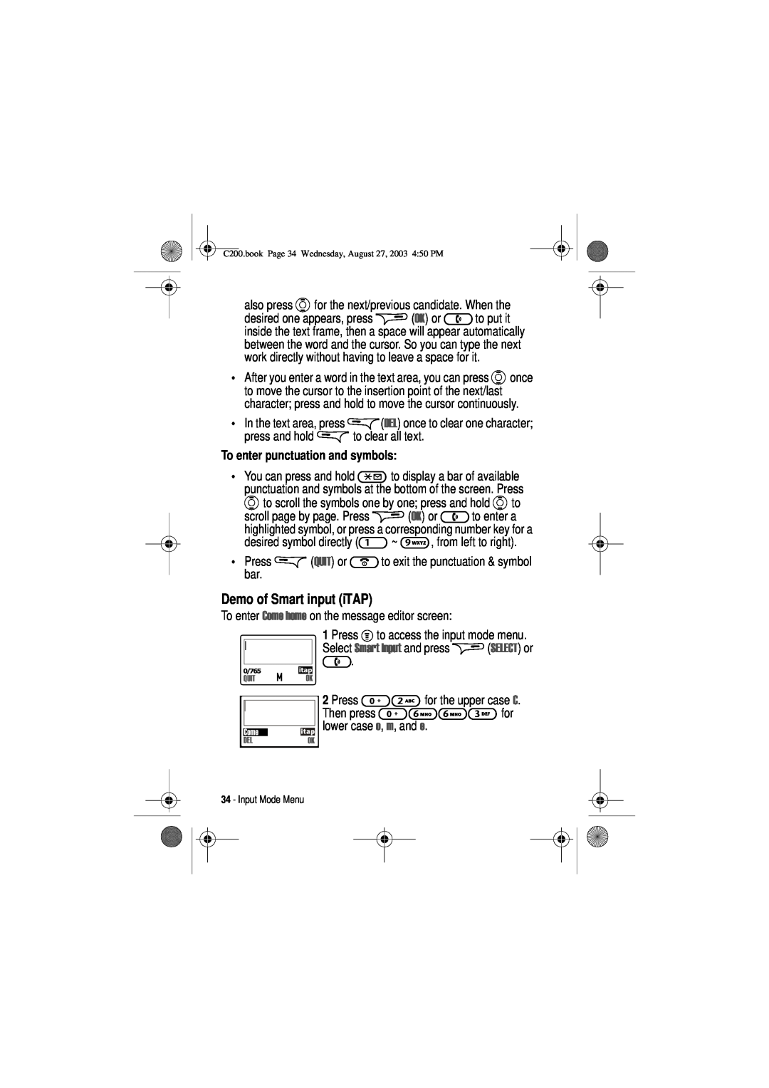 Motorola C200 manual Demo of Smart input iTAP, To enter punctuation and symbols 