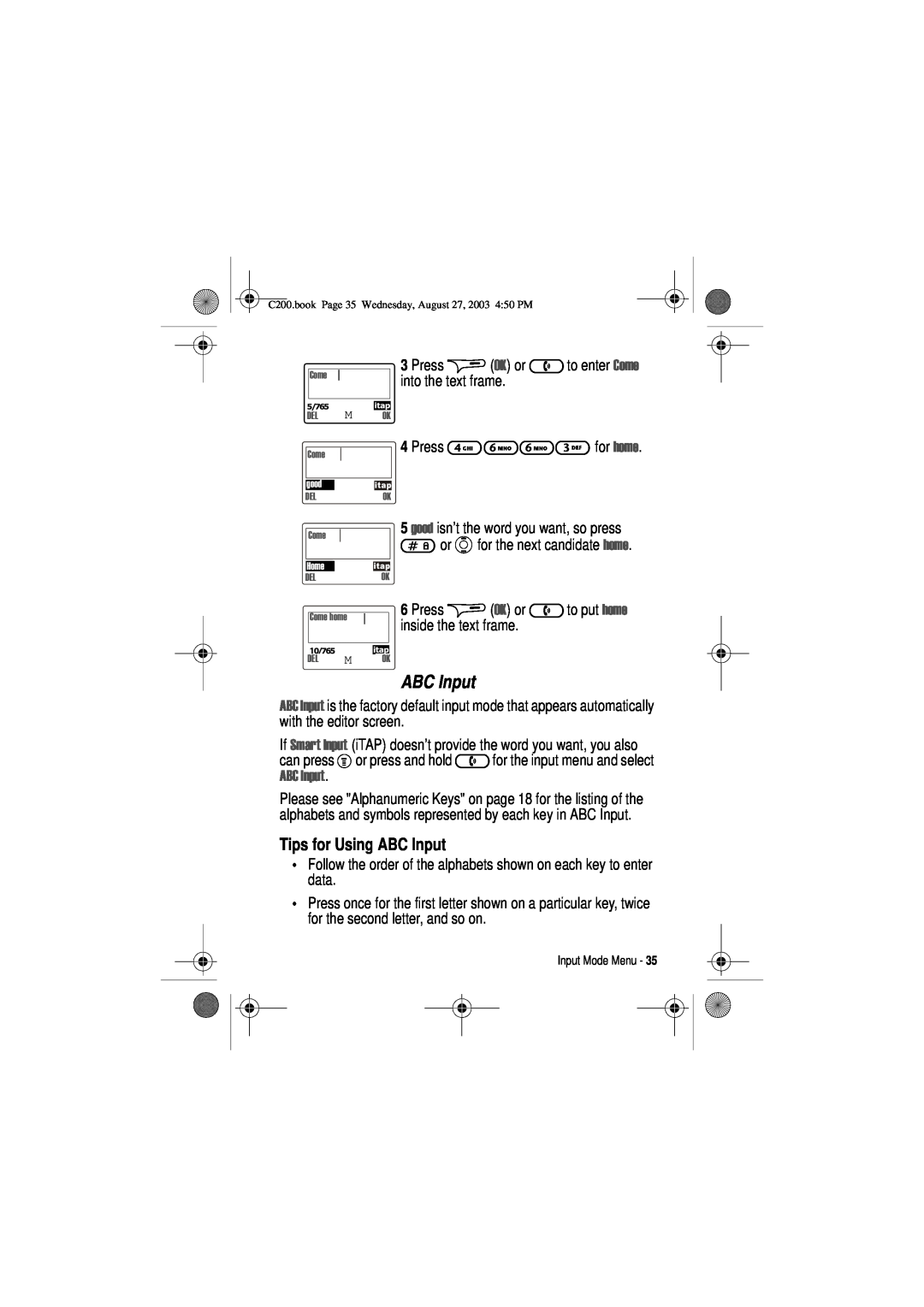 Motorola C200 manual Tips for Using ABC Input 