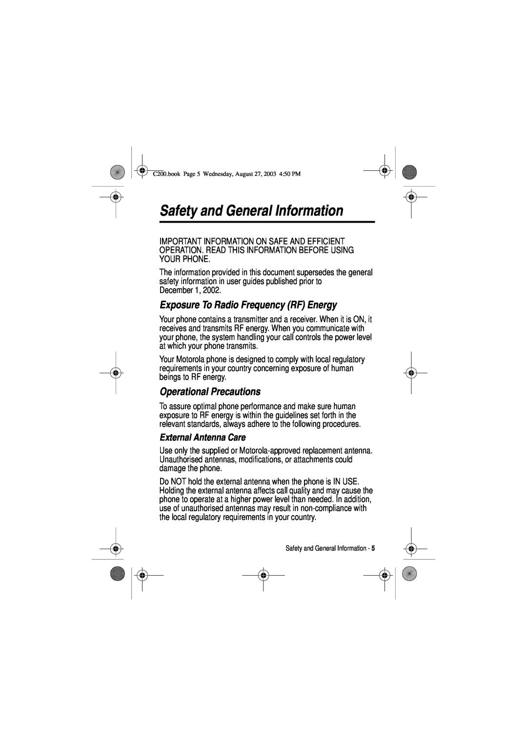 Motorola C200 manual Safety and General Information, Exposure To Radio Frequency RF Energy, Operational Precautions 