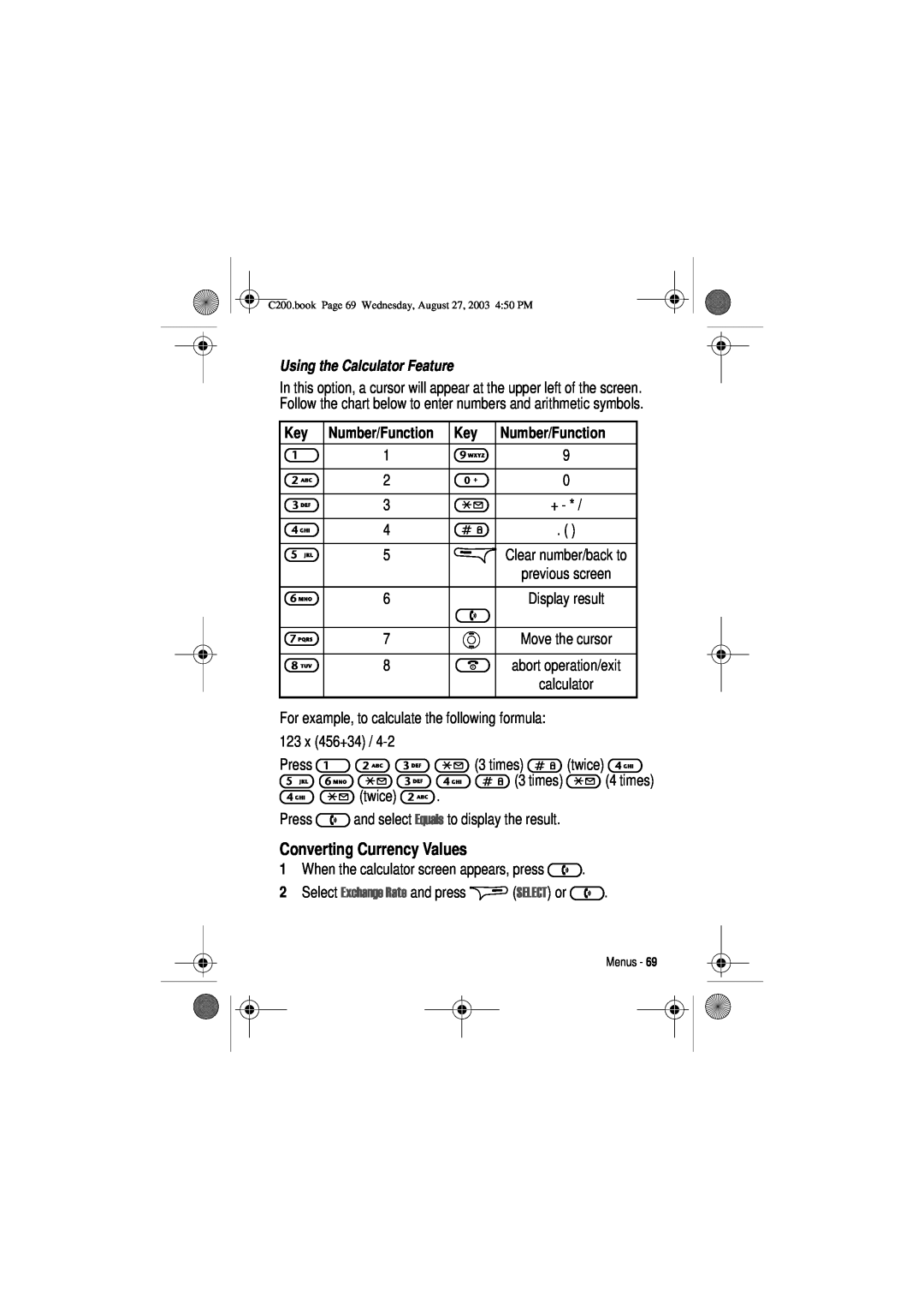 Motorola C200 manual Converting Currency Values, Using the Calculator Feature, Number/Function 
