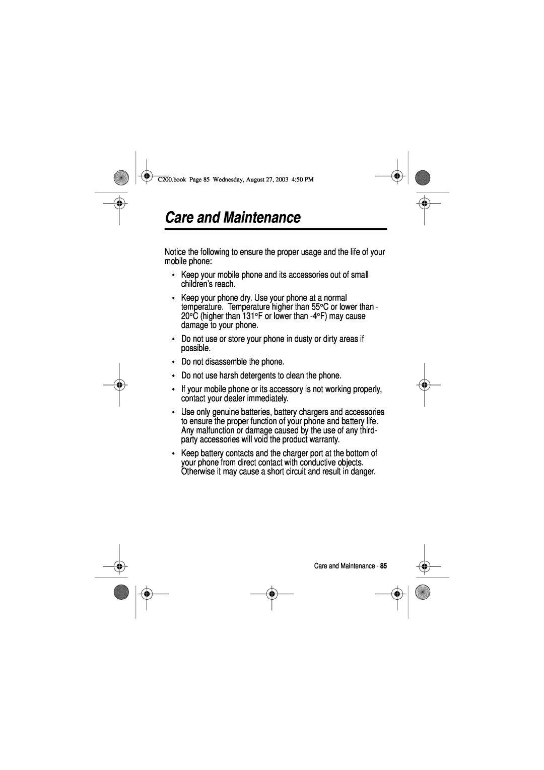 Motorola C200 manual Care and Maintenance 
