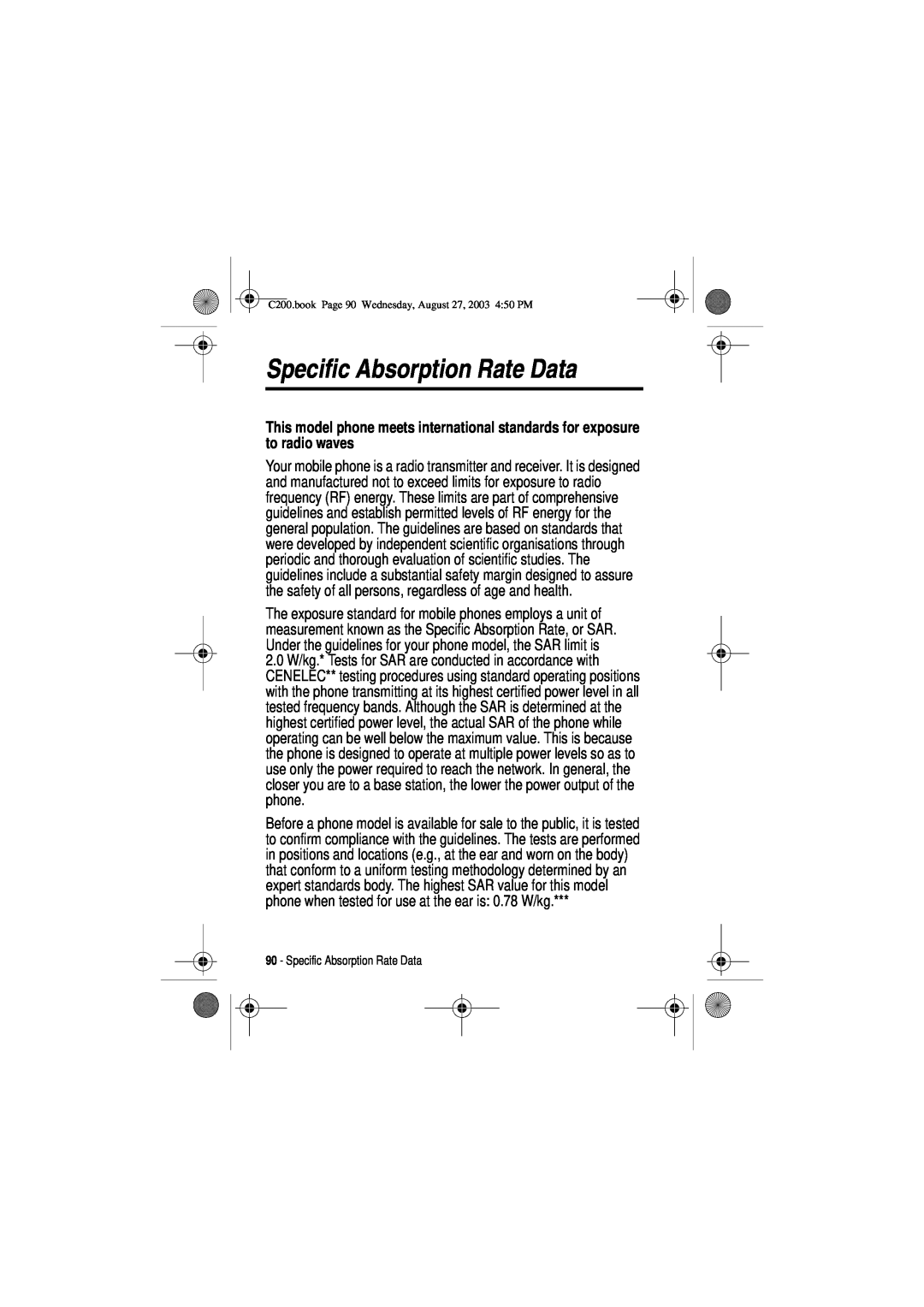 Motorola C200 manual Specific Absorption Rate Data 