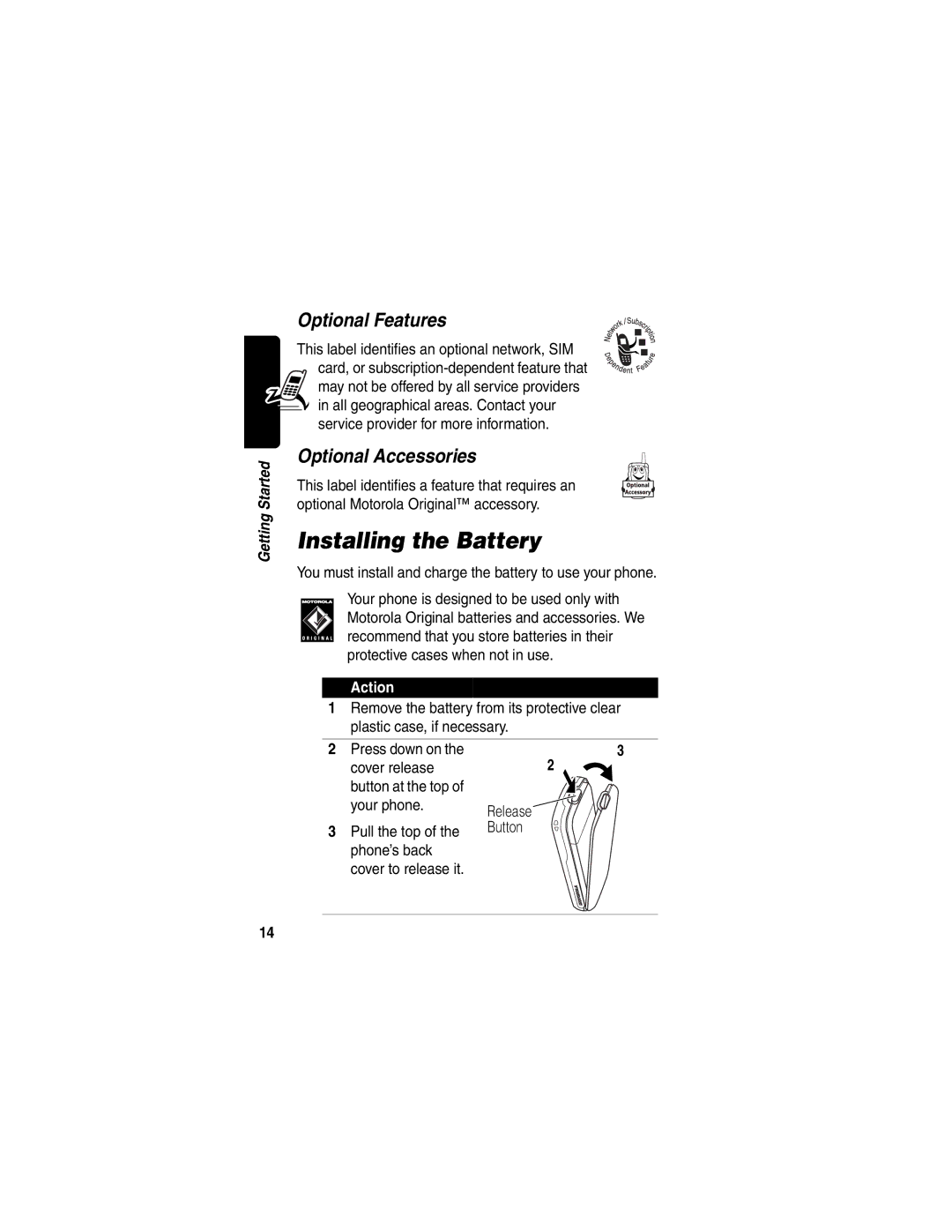 Motorola C256 manual Installing the Battery, Optional Features, Optional Accessories, Action, Release Button 