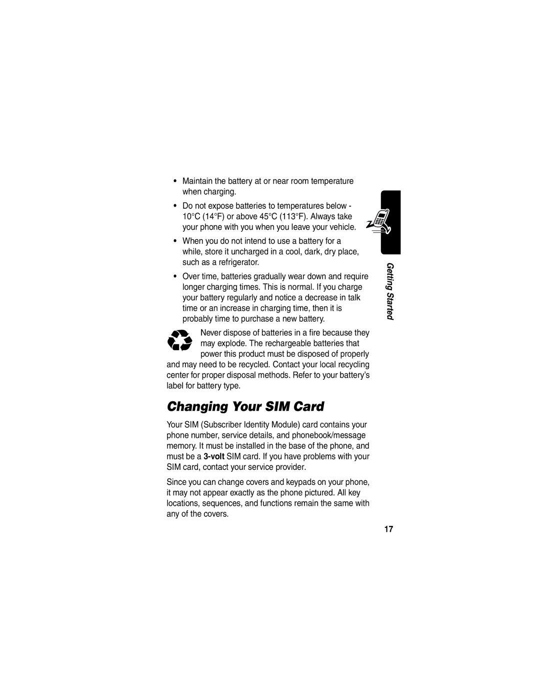 Motorola C256 manual Changing Your SIM Card, Never dispose of batteries in a fire because they 