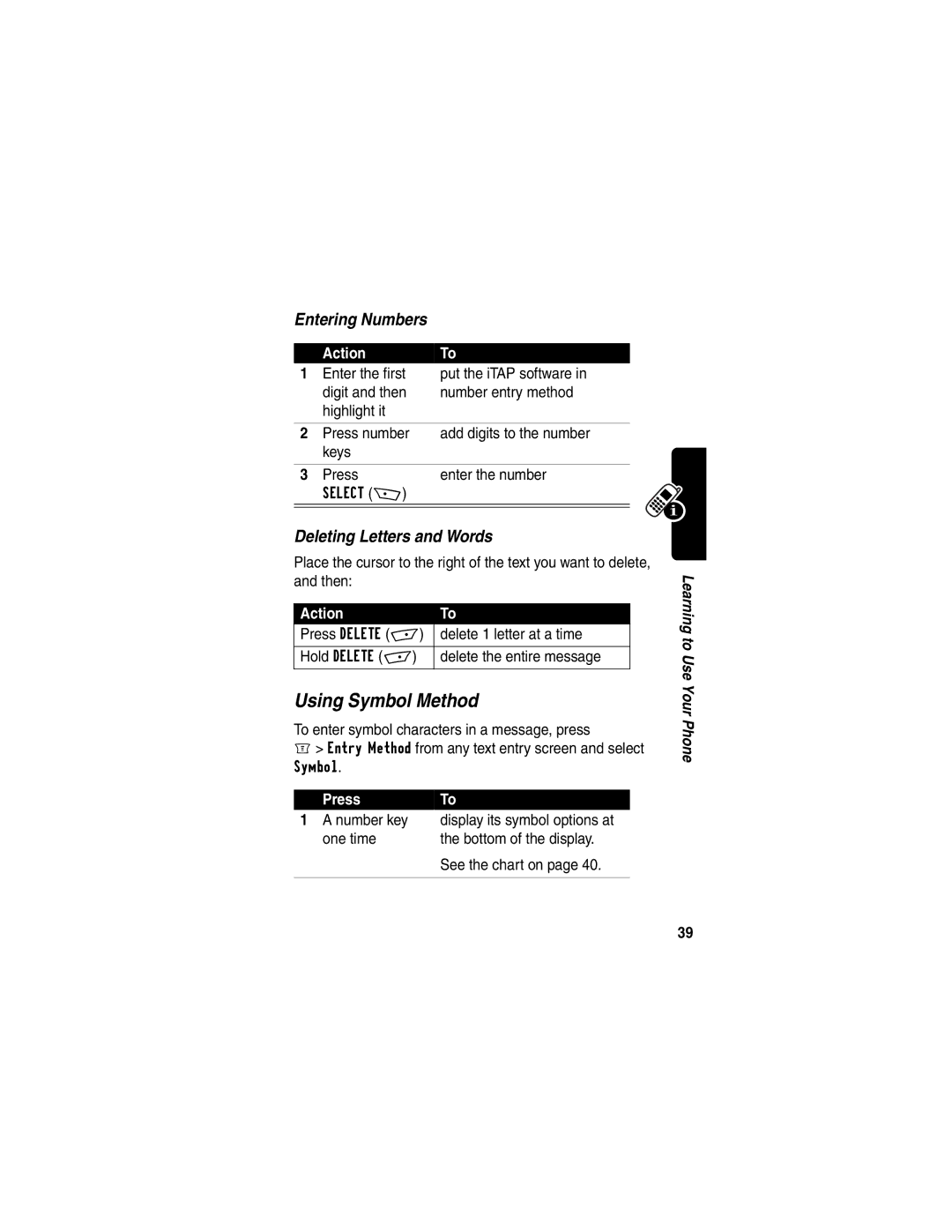 Motorola C256 manual Using Symbol Method, Entering Numbers, Deleting Letters and Words, Number key 