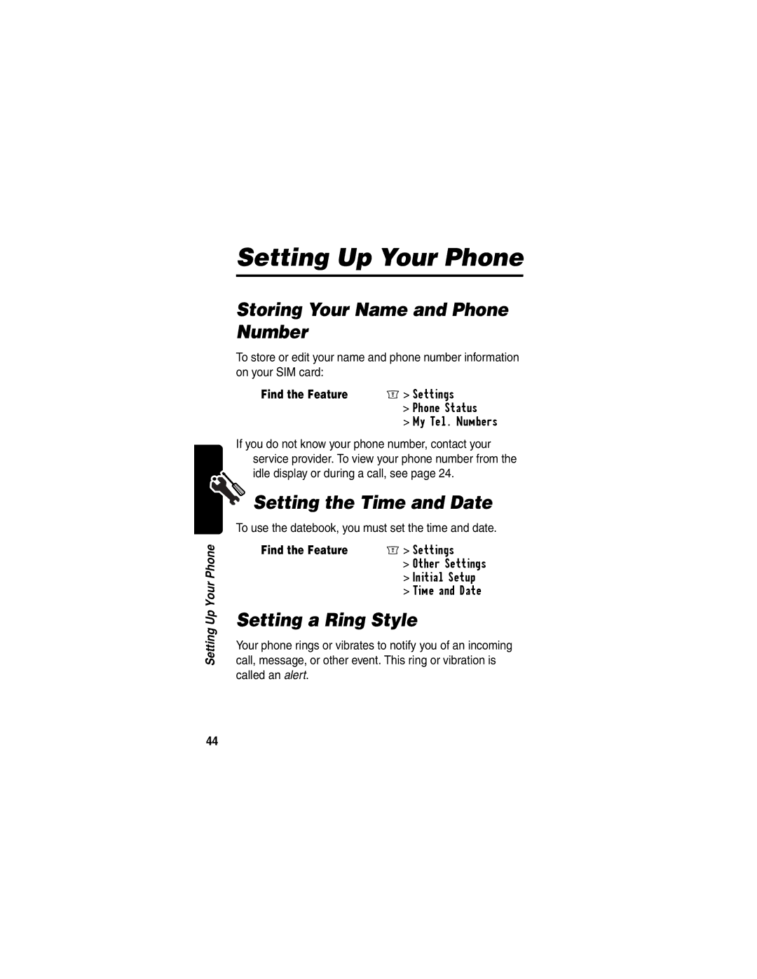 Motorola C256 Setting Up Your Phone, Storing Your Name and Phone Number, Setting the Time and Date, Setting a Ring Style 