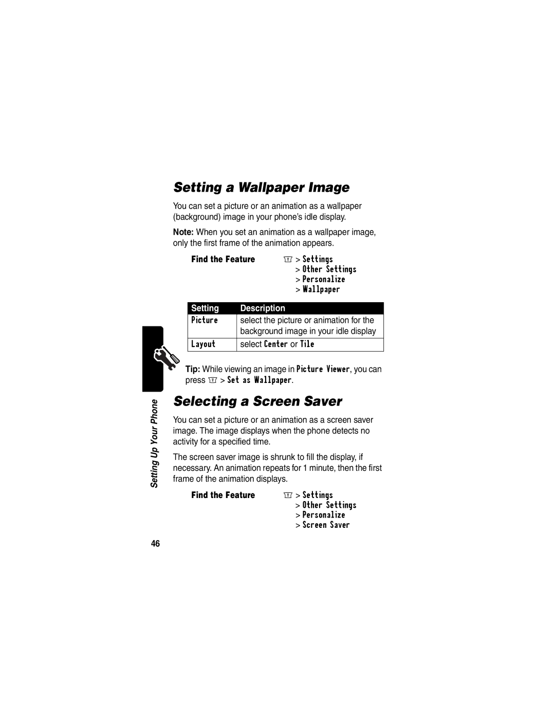 Motorola C256 manual Setting a Wallpaper Image, Selecting a Screen Saver, Setting Description 