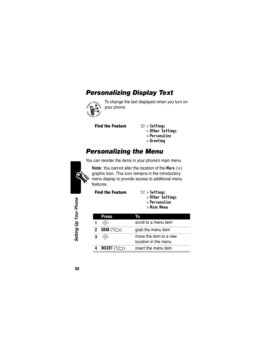 Motorola C256 manual Personalizing Display Text, Personalizing the Menu 