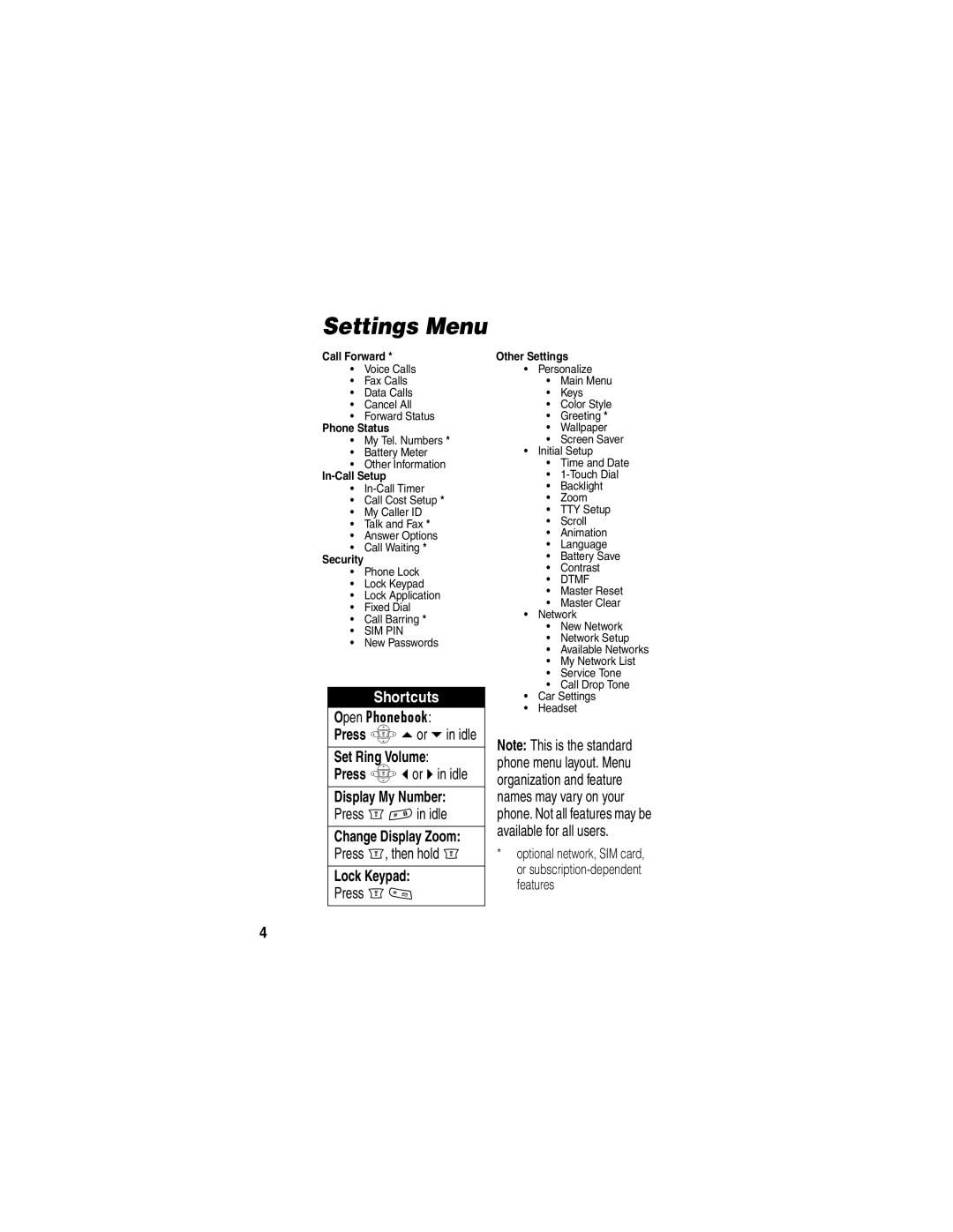 Motorola C256 manual Settings Menu, Shortcuts, Display My Number, Lock Keypad 