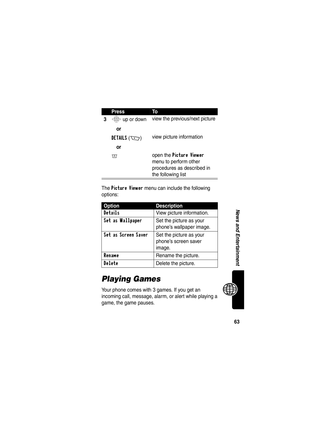 Motorola C256 manual Playing Games, Sup or down, Option Description 