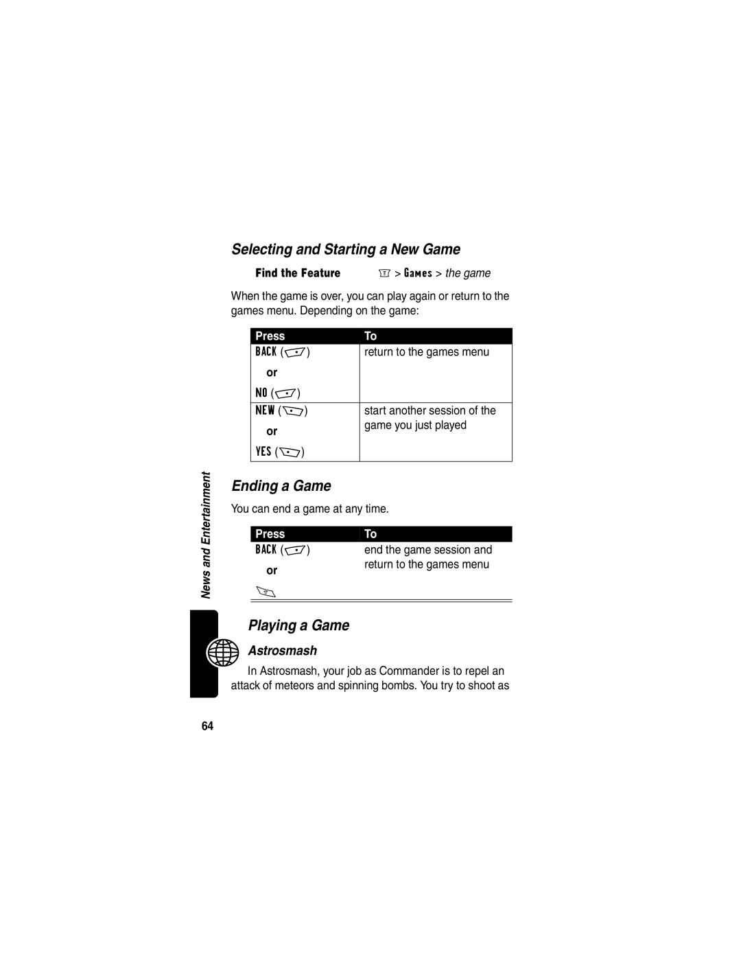 Motorola C256 Selecting and Starting a New Game, Ending a Game, Playing a Game, Astrosmash, You can end a game at any time 