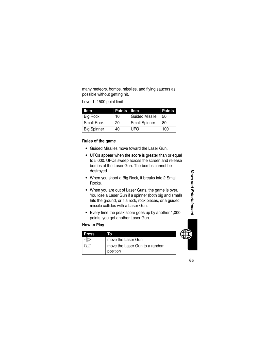 Motorola C256 Points, 100, Rules of the game, How to Play, Move the Laser Gun Move the Laser Gun to a random position 