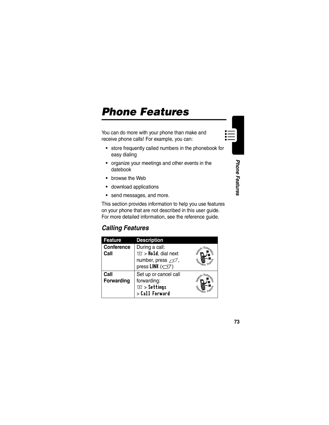 Motorola C256 manual Phone Features, Calling Features, Feature Description 