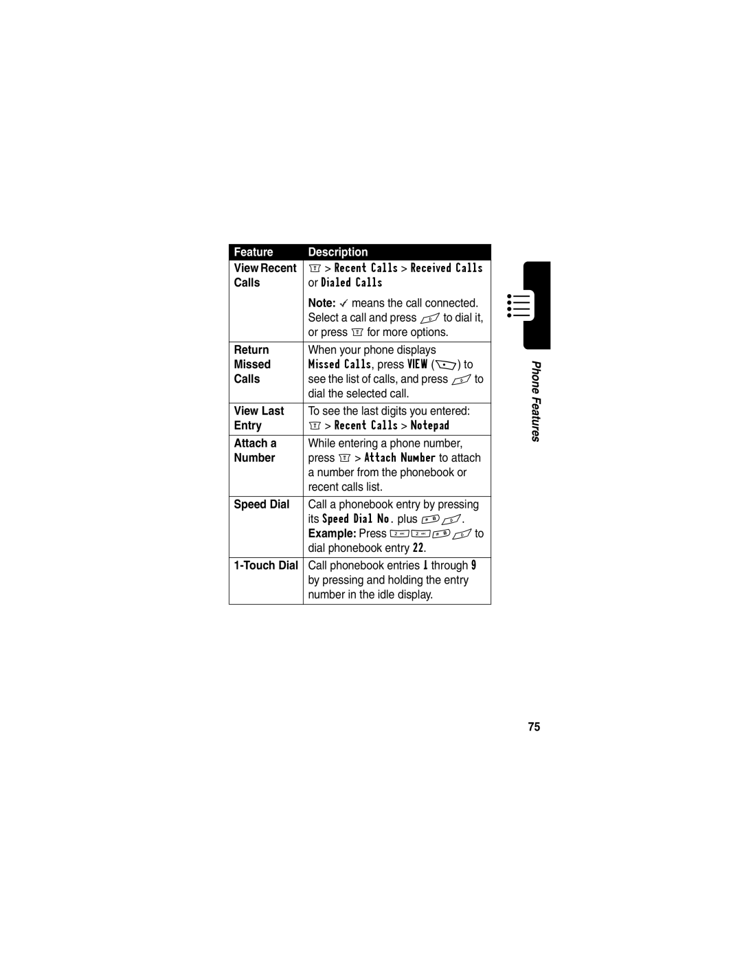 Motorola C256 manual Calls, Return, Missed, View Last, Entry, Attach a, Number, Speed Dial, Example Press 22#Nto 