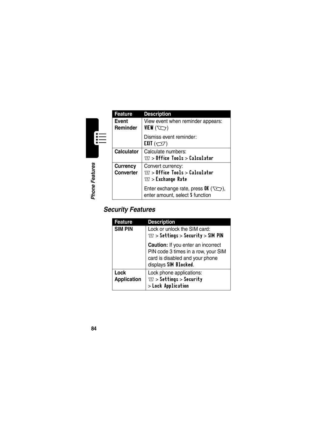 Motorola C256 manual Security Features 