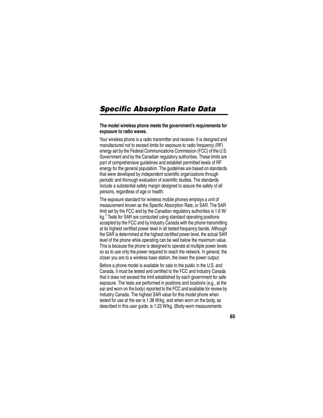 Motorola C256 manual Specific Absorption Rate Data 