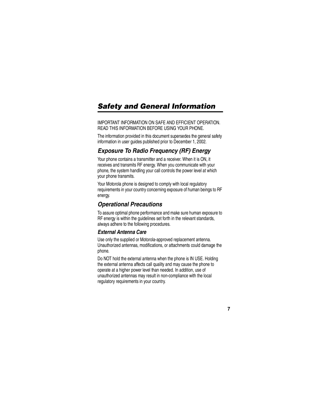 Motorola C256 manual Exposure To Radio Frequency RF Energy, Operational Precautions, External Antenna Care 