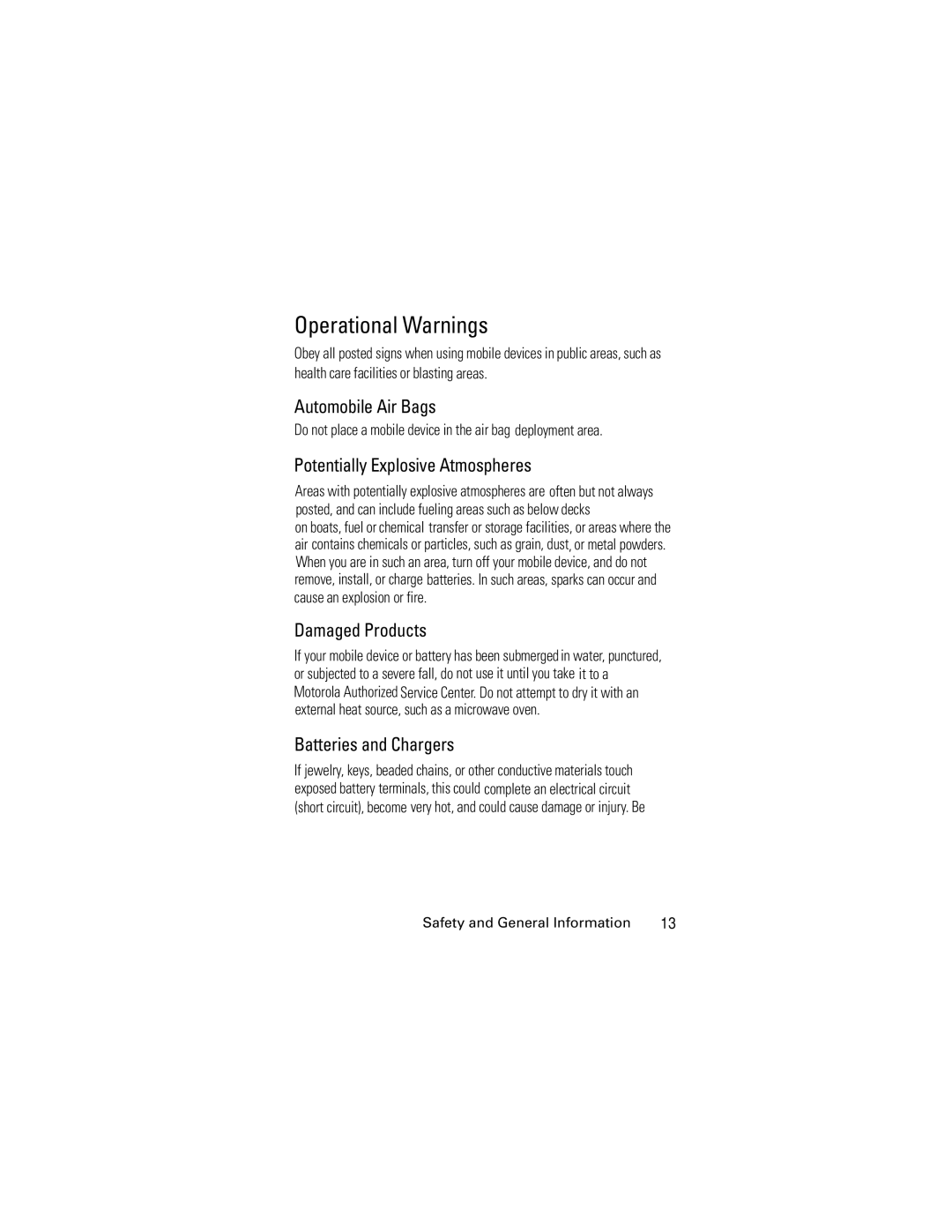 Motorola C261 GSM manual Operational Warnings, Do not place a mobile device in the air bag deployment area 