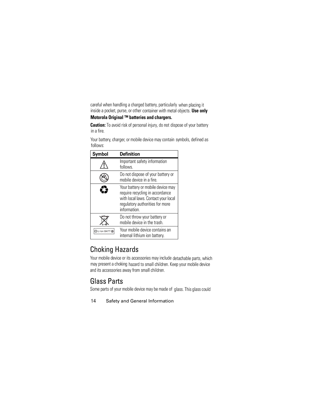 Motorola C261 GSM manual Choking Hazards, Glass Parts, Motorola Original batteries and chargers, Symbol Definition 