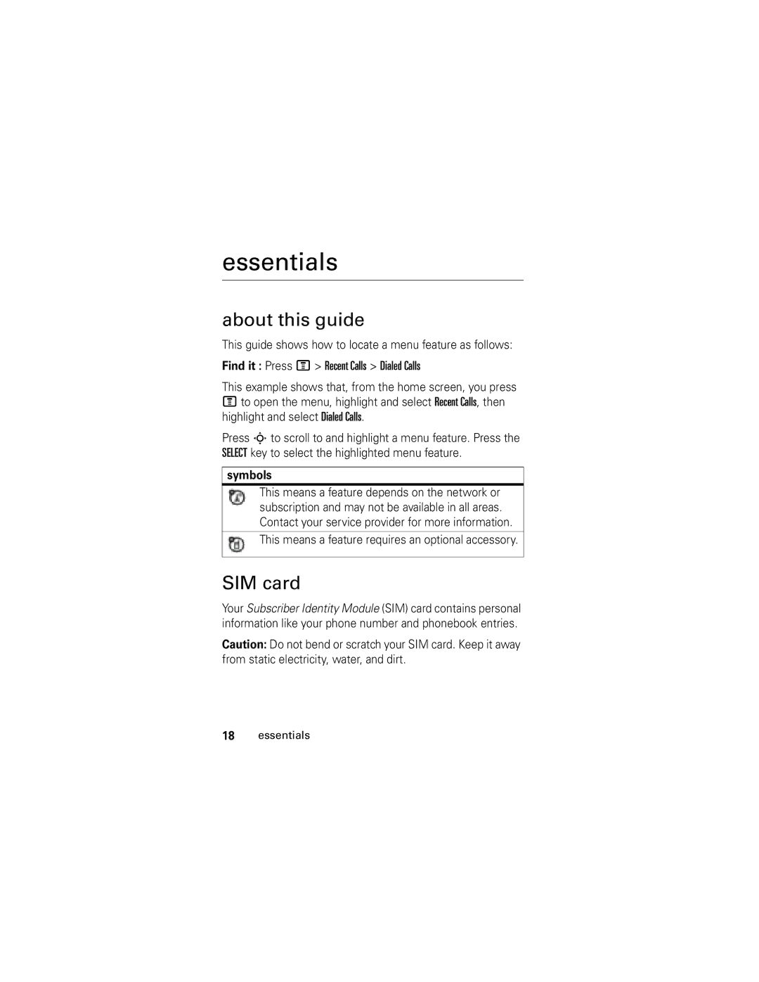 Motorola C261 GSM Essentials, About this guide, SIM card, Symbols, This means a feature requires an optional accessory 