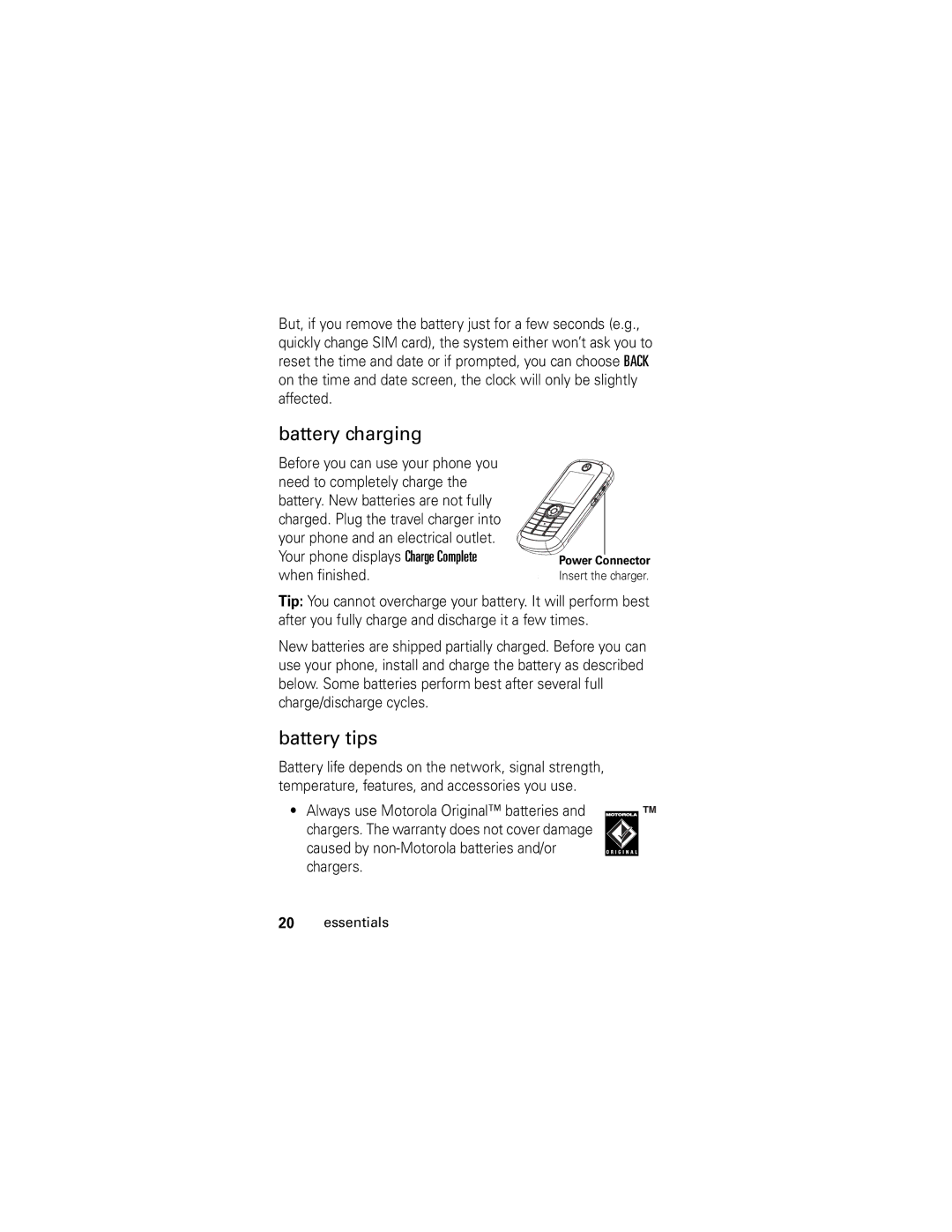 Motorola C261 GSM manual Battery charging, Battery tips 