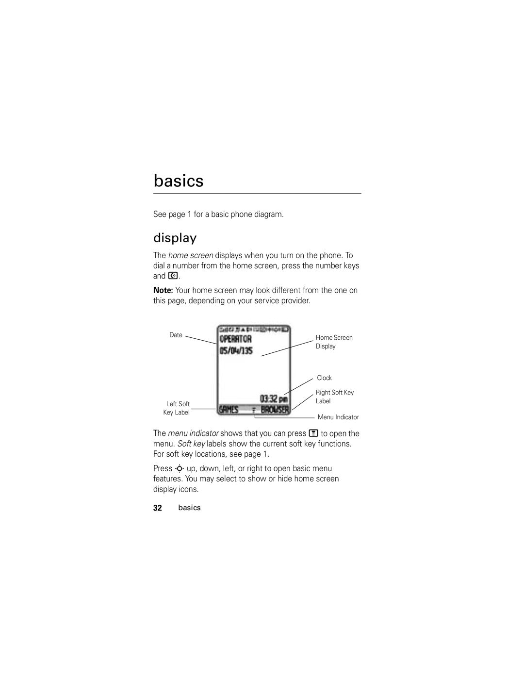 Motorola C261 GSM manual Basics, Display, See page 1 for a basic phone diagram 